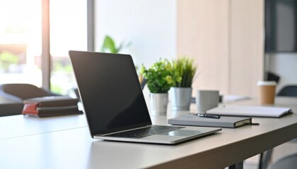 Fototapeta premium Photo of open laptop with visible screen on table in office meeting room, modern workspace, minimal composition