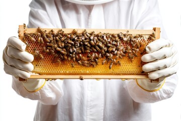 Close-up view of beekeeper with honeycomb frame and bees in gloved hands isolated on white background