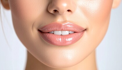 Fototapeta premium Beauty macro photo of full lips with clear gloss on a neutral background