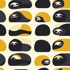 Naklejka premium Adorable Sloths in Abstract Geometric Pattern: A Delightful Mid-Century Modern Design Featuring Sleepy Sloths in Yellow and Black