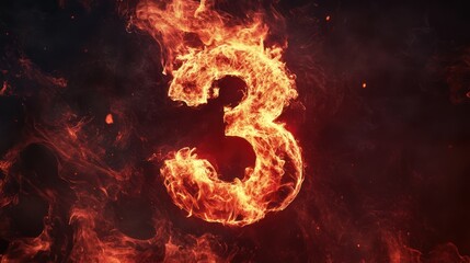 Fiery number three against dark background; intense flames