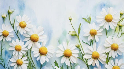 Fototapeta premium Elegant wedding invitation card background . Minimal hand painted watercolor Chamomile flowers texture template background. Design for wedding, vip cover, poster, rsvp moderncard.Valentine's Day