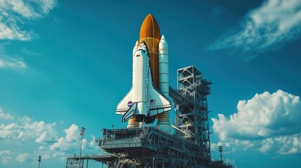 A space shuttle on a launch pad against a blue sky, ready for a mission.