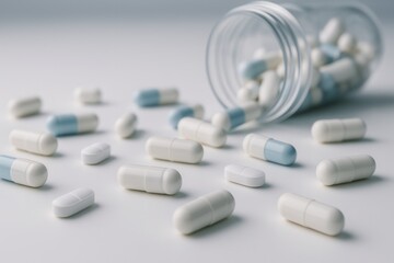 White and pale blue capsules spilled from a transparent plastic bottle on a clean white background. Great for healthcare design, pharmaceutical branding, supplement ads, and medical product packaging.
