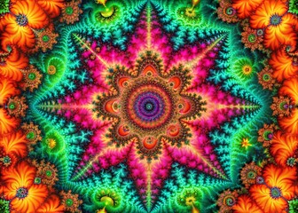 Psychedelic Kaleidoscopic Fractal Art: Vibrant Neon Swirls & Hypnotic 60s Designs