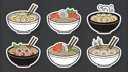 Set die cut sticker designs ramen bowls