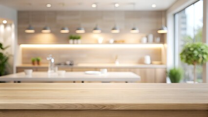 Blurred Kitchen with Empty Wooden Countertop