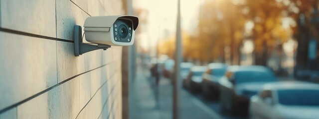 A surveillance camera mounted on a wall, overlooking a street with parked cars and trees.