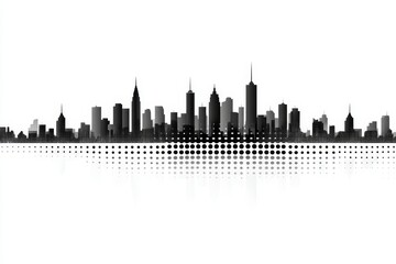 Fototapeta premium Cityscape Skyline Silhouette - A striking black and white silhouette of a city skyline, featuring various building heights and a unique halftone effect at the base