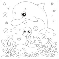 Cute dolphin and turtle coloring page for kids
