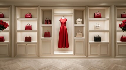 Elegant boutique interior featuring red dress and handbags luxury retail space chic design upscale environment interior view