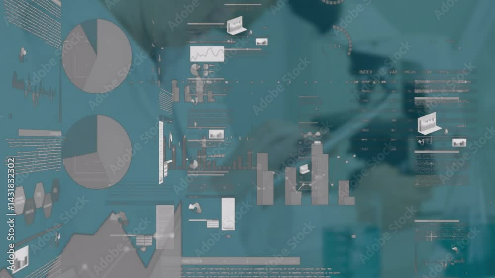 Poster digital interface displaying pie charts and bar graphs in factory, overlaying robotic machinery