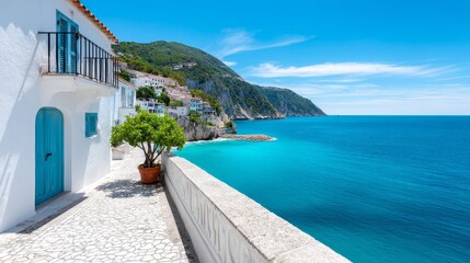 Fototapeta premium Coastal Mediterranean Home and Ocean View - Stunning view of a whitewashed home overlooking the turquoise Mediterranean Sea. A tranquil coastal scene perfect for travel or real estate