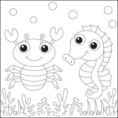 Sea horse and crab coloring page for kids