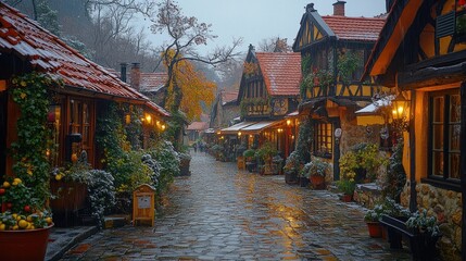 Obraz premium Enchanted Winter Village: A Picturesque Snowy Street in a Fairytale Town