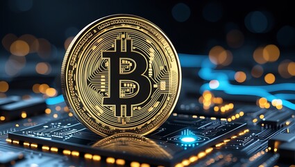 Golden Bitcoin on Futuristic Circuit Board 3D Cryptocurrency Concept