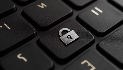 License. Computer keyboard with copyright entry button and metal lock, close-up