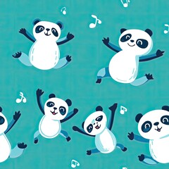 Adorable Pandas Dancing Joyfully on Teal Background: A Cute Cartoon Illustration