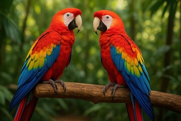 Obraz premium Scarlet macaw couple perched on a tree branch