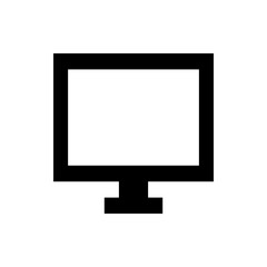 Simple black and white computer monitor icon with a rectangular screen and a stand design graphic image
