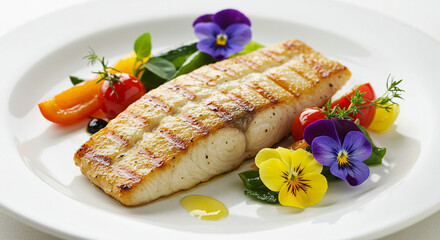 Grilled salmon with bell peppers and edible flowers on a white plate