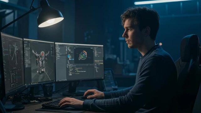 Man creating 3d model on computer. Developer coding vr world in software. Caucasian guy working on virtual reality project video footage at night time indoors