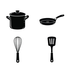 Set collections iron frying pan black silhouette icon. kitchen utensils design vector illustration