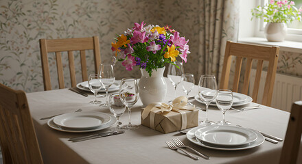 Dining table set with floral centerpiece, plates, and a gift box for Mother’s Day, in a cozy home interior. Stock photography style.