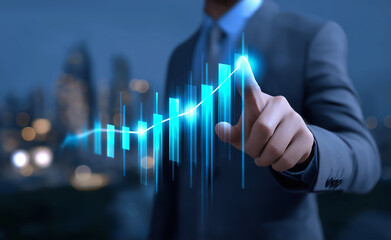 Businessman in suit interacting with a virtual digital bar chart interface against a city skyline at night.
