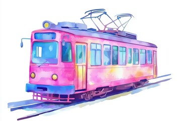 Fototapeta premium Watercolor tram in soft pastel colors isolated on white background, for children