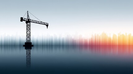 Fototapeta premium Construction Crane by the Water - A single construction crane stands tall by a body of water, reflecting in the still surface, with a cityscape in the background depicted as sound waves