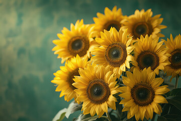 Fototapeta premium A bouquet of vibrant sunflowers against a teal backdrop, exuding summer's warmth and joy.