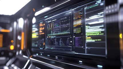 Close-up of a futuristic monitor displaying complex code, data streams, and graphs.  The sleek, dark design suggests high-tech innovation and advanced technology.