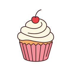 Different cartoon cupcakes set. Delicious muffins collection. Cupcake with chocolate, pink cream, cherry, strawberry 