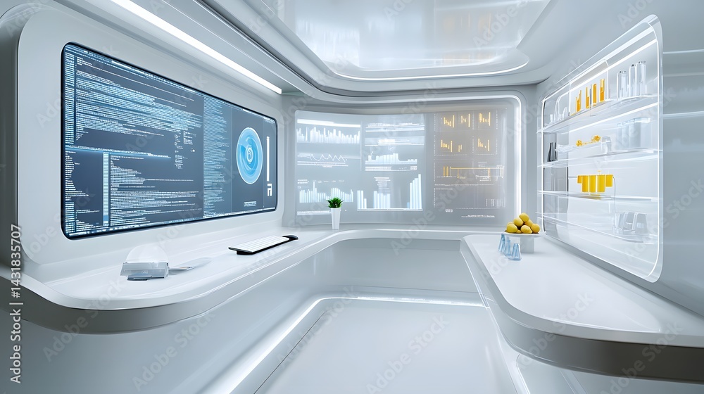 Poster futuristic minimalist room with large screens displaying data and code. sleek white design, integrat