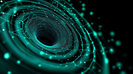 Obraz premium Glowing turquoise spiral made of digital particles swirling in a dark abstract space. 