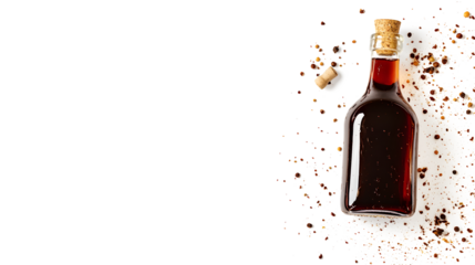 A bottle of liquor is on a table with some pepper