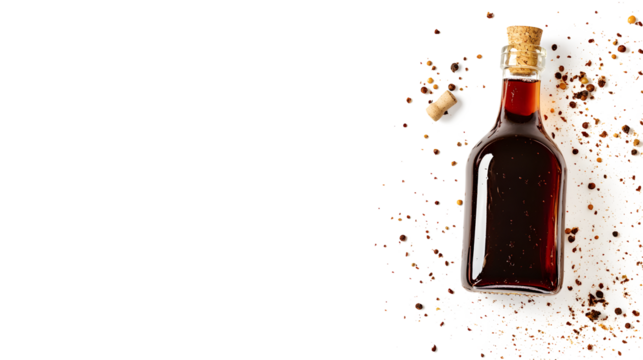 A bottle of liquor is on a table with some pepper