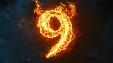 Fiery number nine against dark stormy sky; abstract art for design