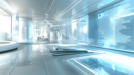 Futuristic white interior with sleek design and holographic displays.  Modern architecture, clean lines, and glowing blue technology create a high-tech, sterile atmosphere.