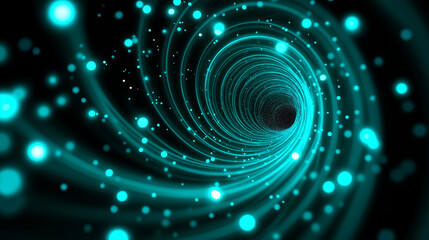 Obraz premium Glowing turquoise spiral made of digital particles swirling in a dark abstract space. 