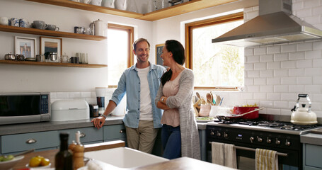 Happy, couple and relax by talking in kitchen for communication, morning chat and bonding together....