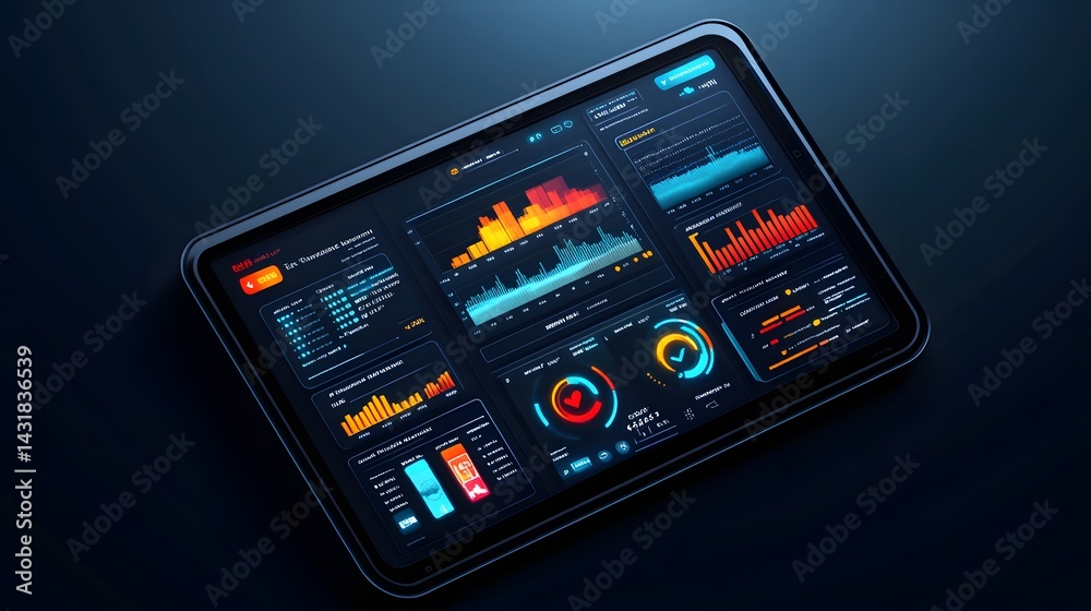 Poster a tablet displays a futuristic dashboard with vibrant charts and graphs, showcasing real-time data a