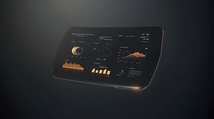 Futuristic black tablet displays data visualizations: charts, graphs, and key performance indicators (KPIs) in warm orange hues.  Sleek design, dark background.