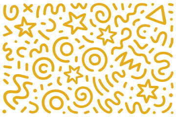 Seamless vector pattern of yellow hand-drawn doodles, stars, swirls, and geometric shapes on a clean white background. Vector illustration