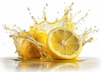Refreshing Lemon Juice Splash: Liquid Explosion on White Background - Stock Photo