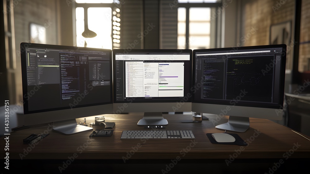 Poster three computer screens displaying lines of code sit on a wooden desk in a modern, dimly lit workspac