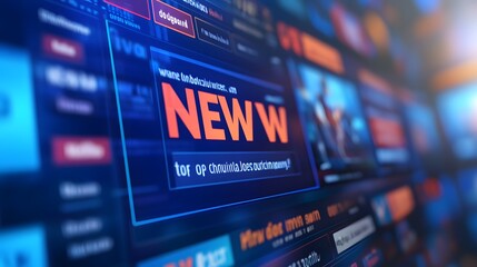 Close-up shot of a computer screen displaying a news website with the word "NEW" prominently featured in orange.  Surrounding tiles suggest various other online content.