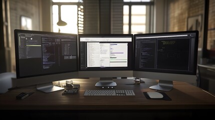 Naklejka premium Three computer screens displaying lines of code sit on a wooden desk in a modern, dimly lit workspace. A keyboard and mouse are also present.