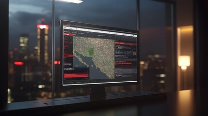 A computer screen displays a detailed map with data points, graphs, and text, suggesting real-time monitoring or analysis.